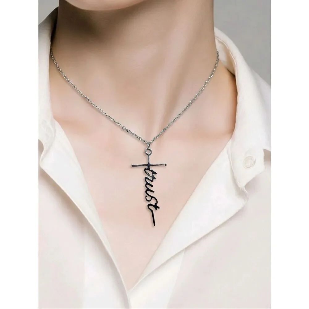 Cross Trust Script Stainless Steel Christian Necklace Pendant Religious Jewelry